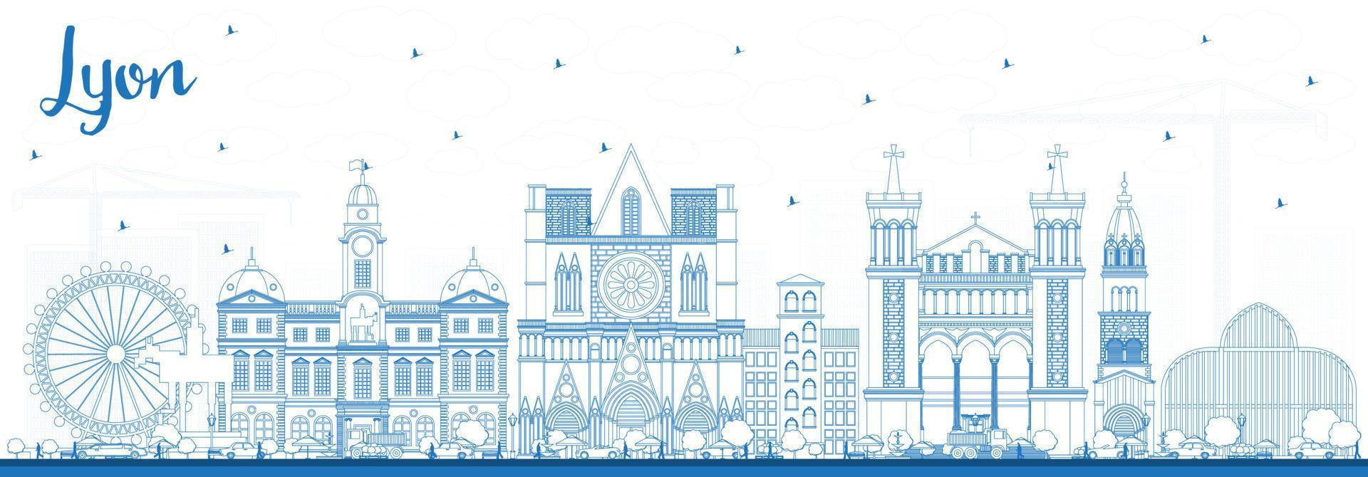 delinear el horizonte de la ciudad de lyon francia con edificios azules. vector