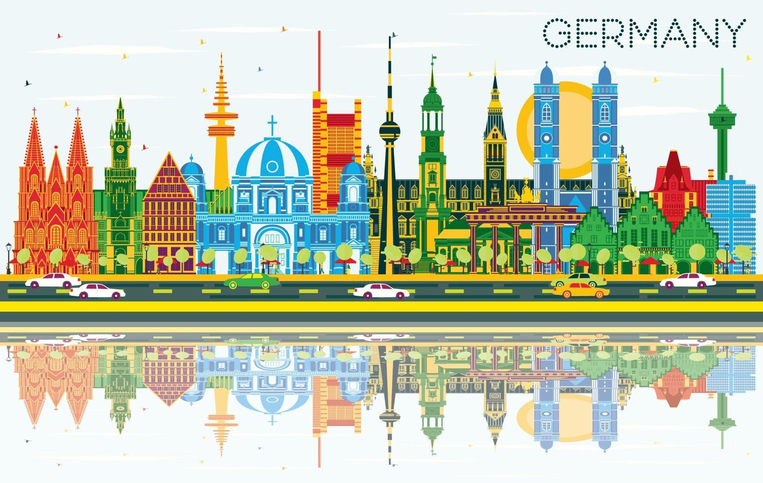 Germany City Skyline with Color Buildings, Blue Sky and Reflections. vector