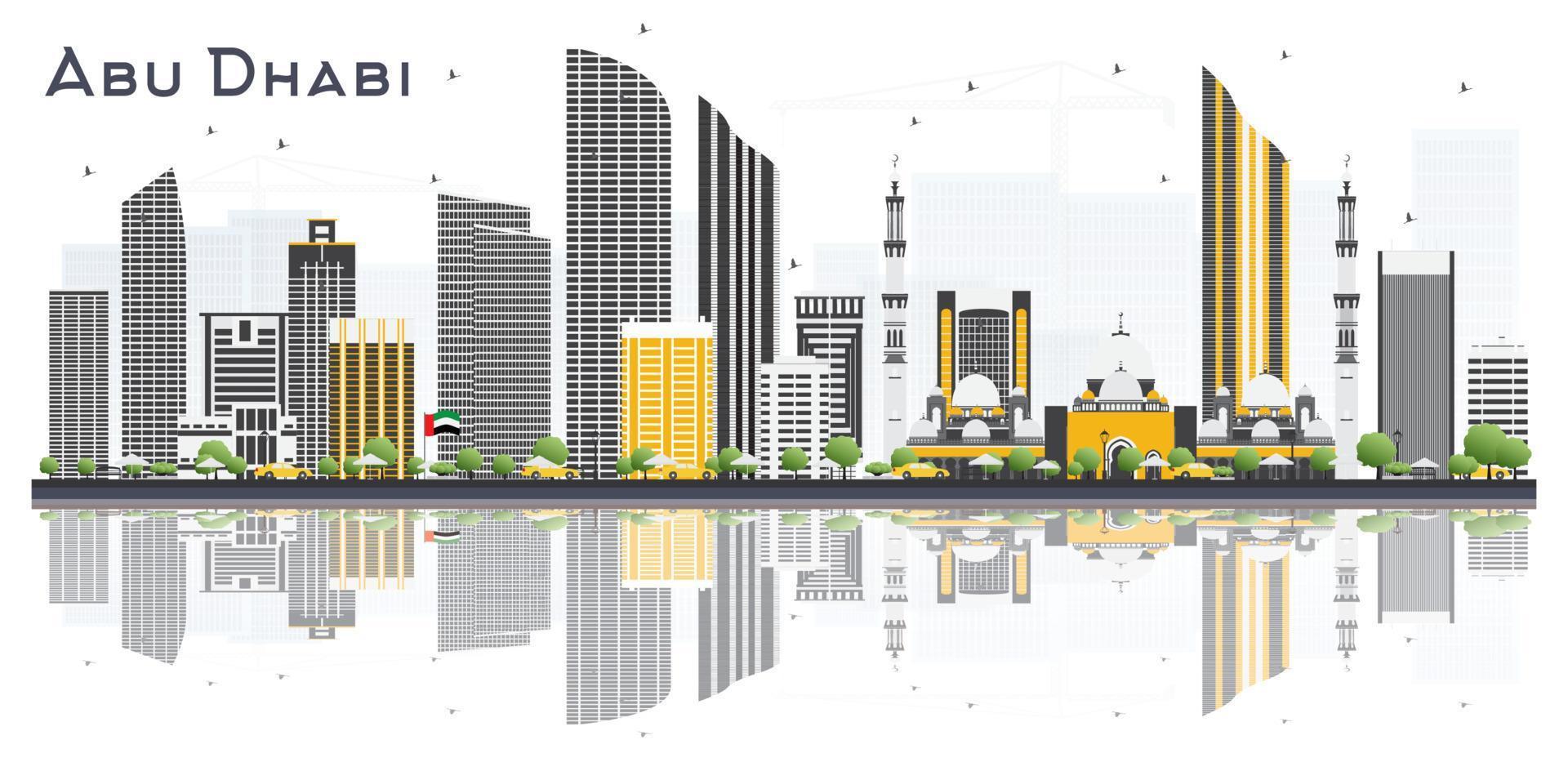 horizonte de la ciudad de abu dhabi uae con edificios grises y reflejos aislados sobre fondo blanco. vector