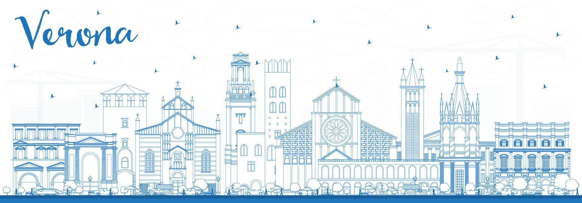 Outline Verona Italy City Skyline with Blue Buildings. vector