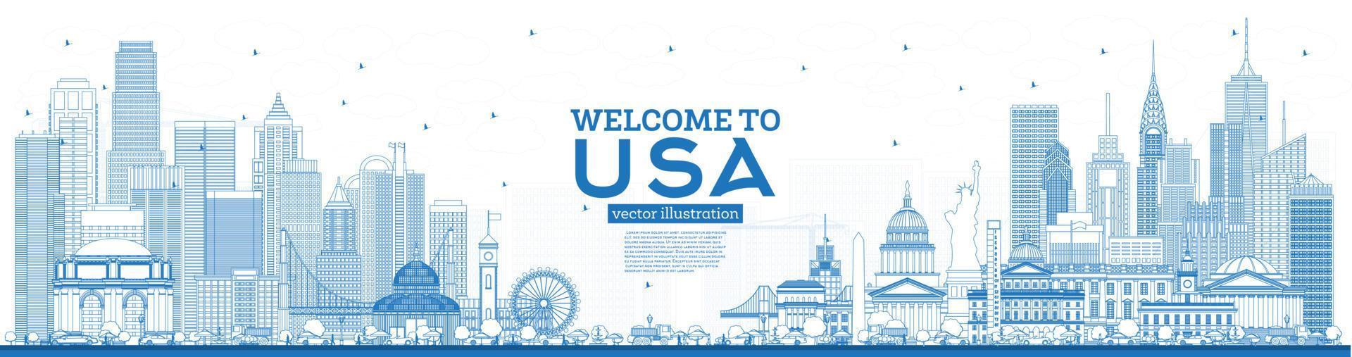 Outline Welcome to USA Skyline with Blue Buildings. Famous Landmarks in USA. vector