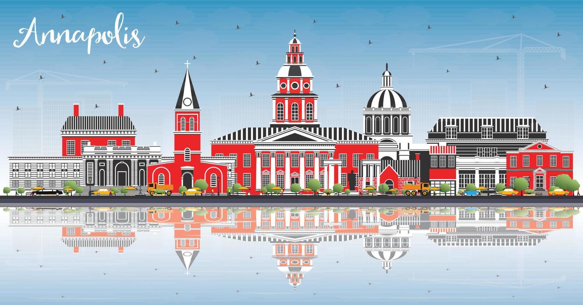 Annapolis Maryland City Skyline with Color Buildings, Blue Sky and Reflections. vector