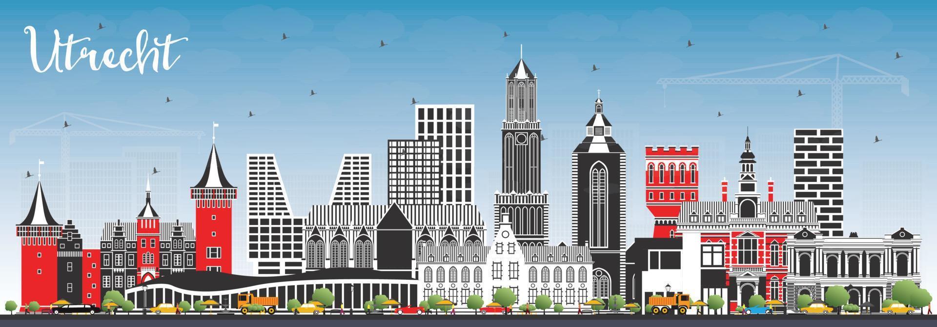 Utrecht Netherlands City Skyline with Color Buildings and Blue Sky. vector