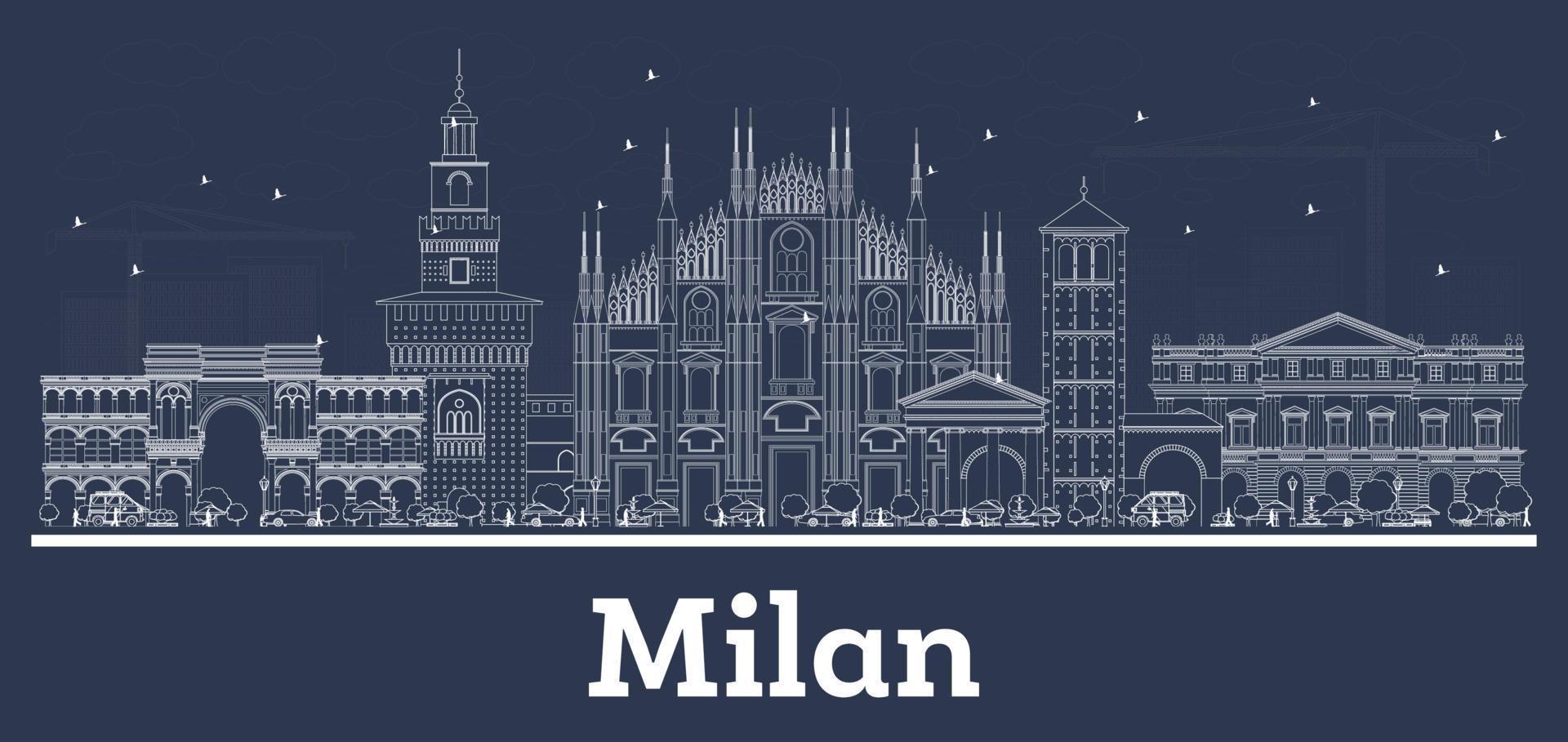 delinear el horizonte de la ciudad de milán italia con edificios blancos. vector