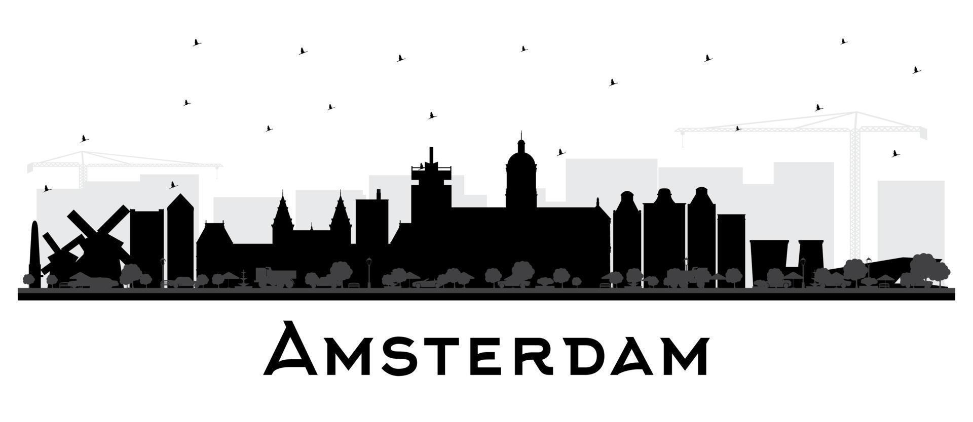 silueta del horizonte de la ciudad de amsterdam holanda con edificios negros aislados en blanco. vector