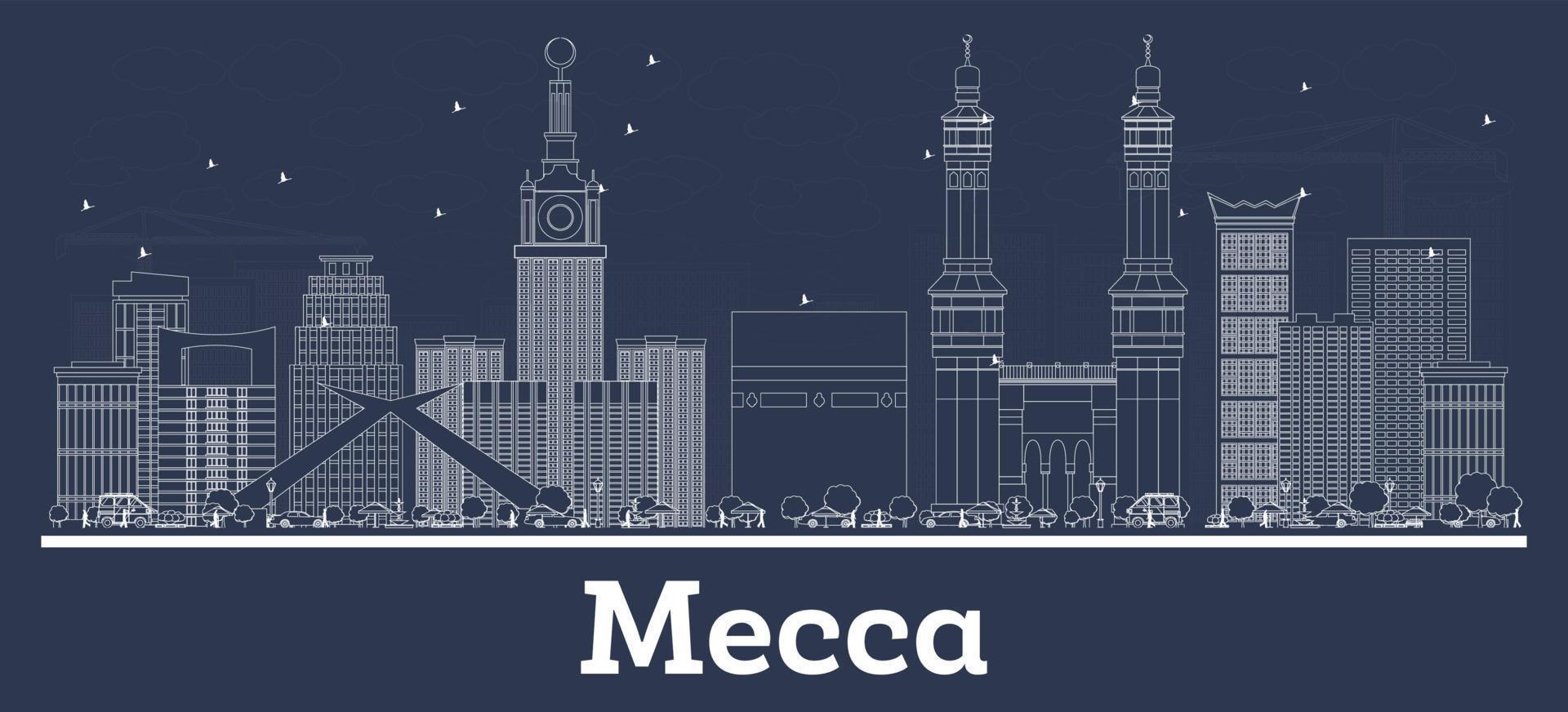Outline Mecca Saudi Arabia City Skyline with White Buildings. vector