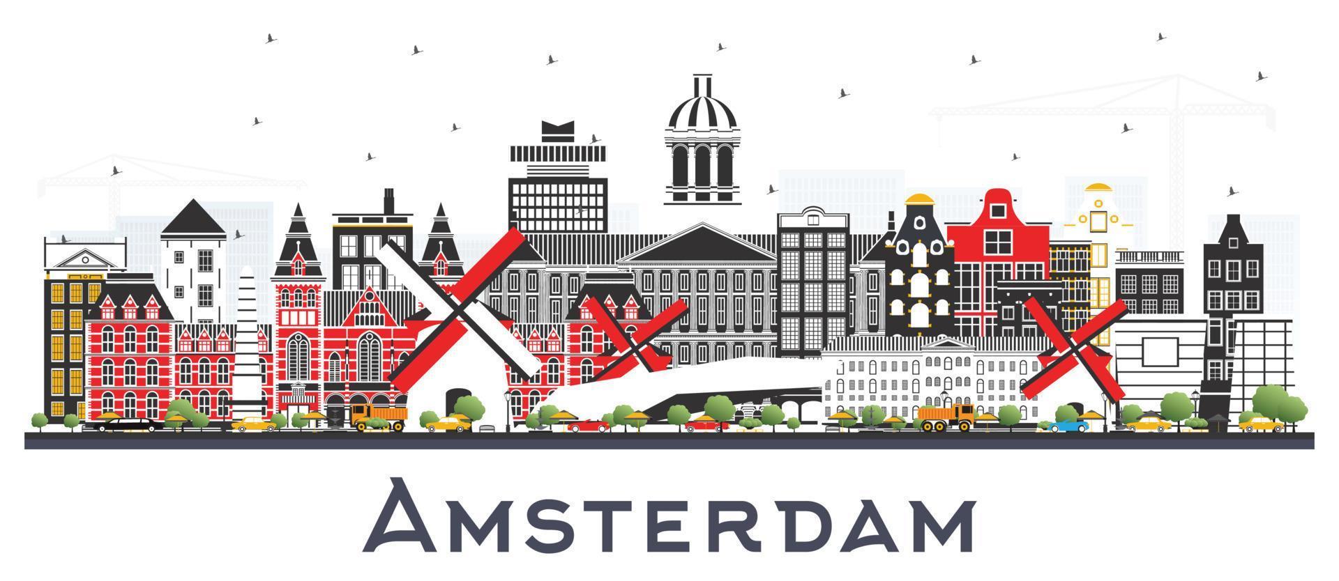 horizonte de la ciudad de amsterdam holanda con edificios de color aislados en blanco. vector