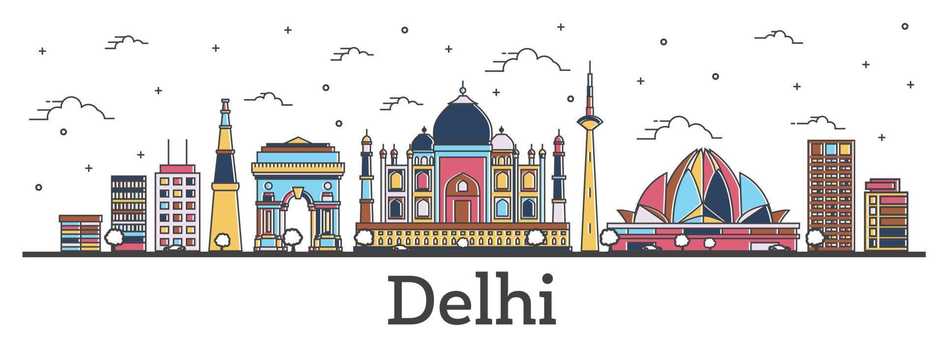delinear el horizonte de la ciudad de delhi india con edificios de color aislados en blanco. vector