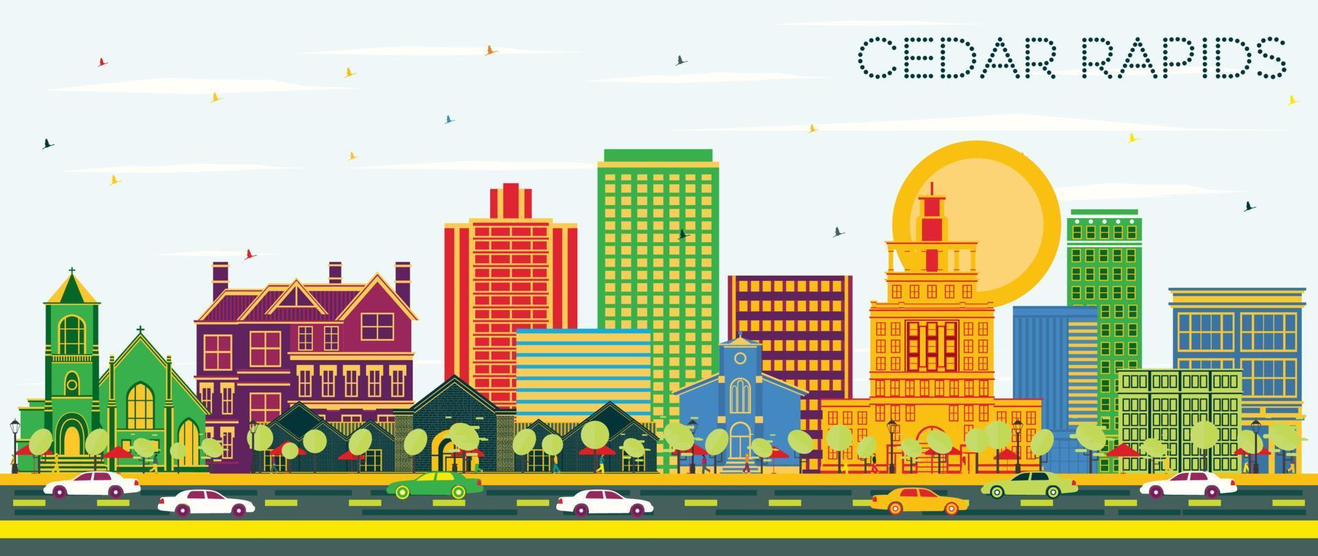 Cedar Rapids Iowa City Skyline with Color Buildings and Blue Sky. vector