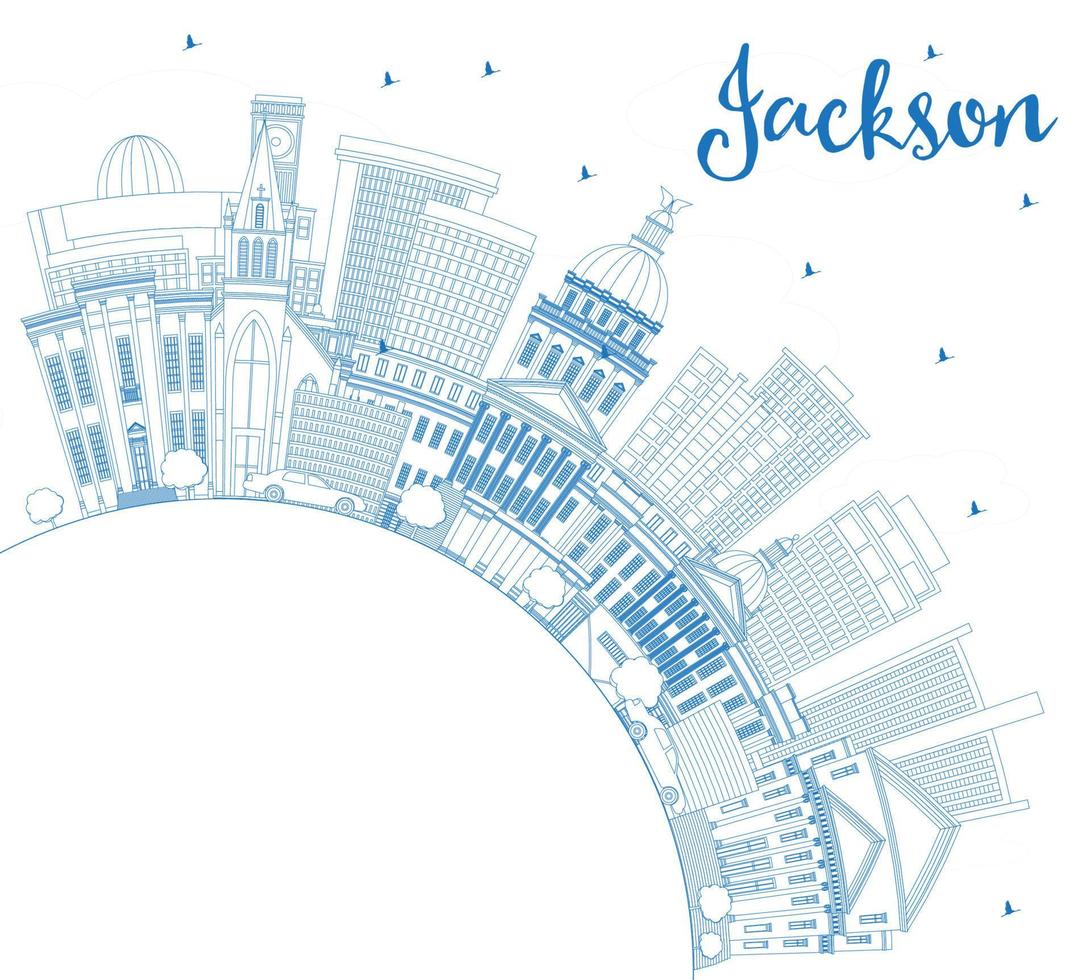 esbozar el horizonte de la ciudad de jackson mississippi con edificios azules y espacio de copia. vector