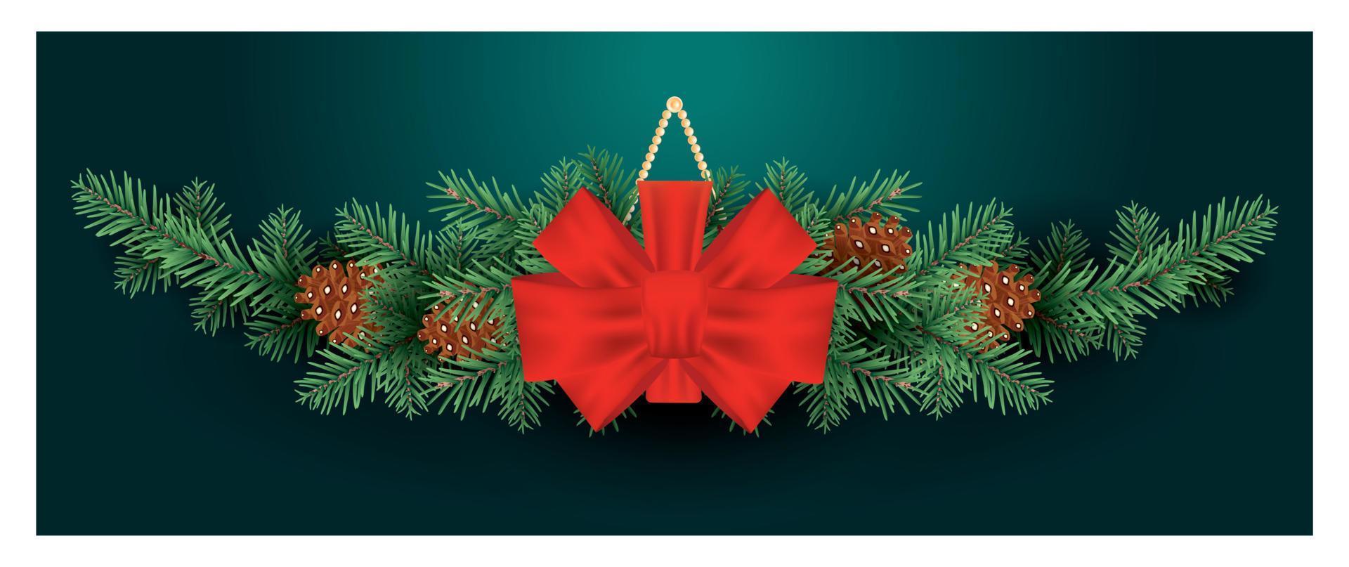 Christmas Decoration with Red Bow on Fir Tree Branches with Cones. Green Background. vector