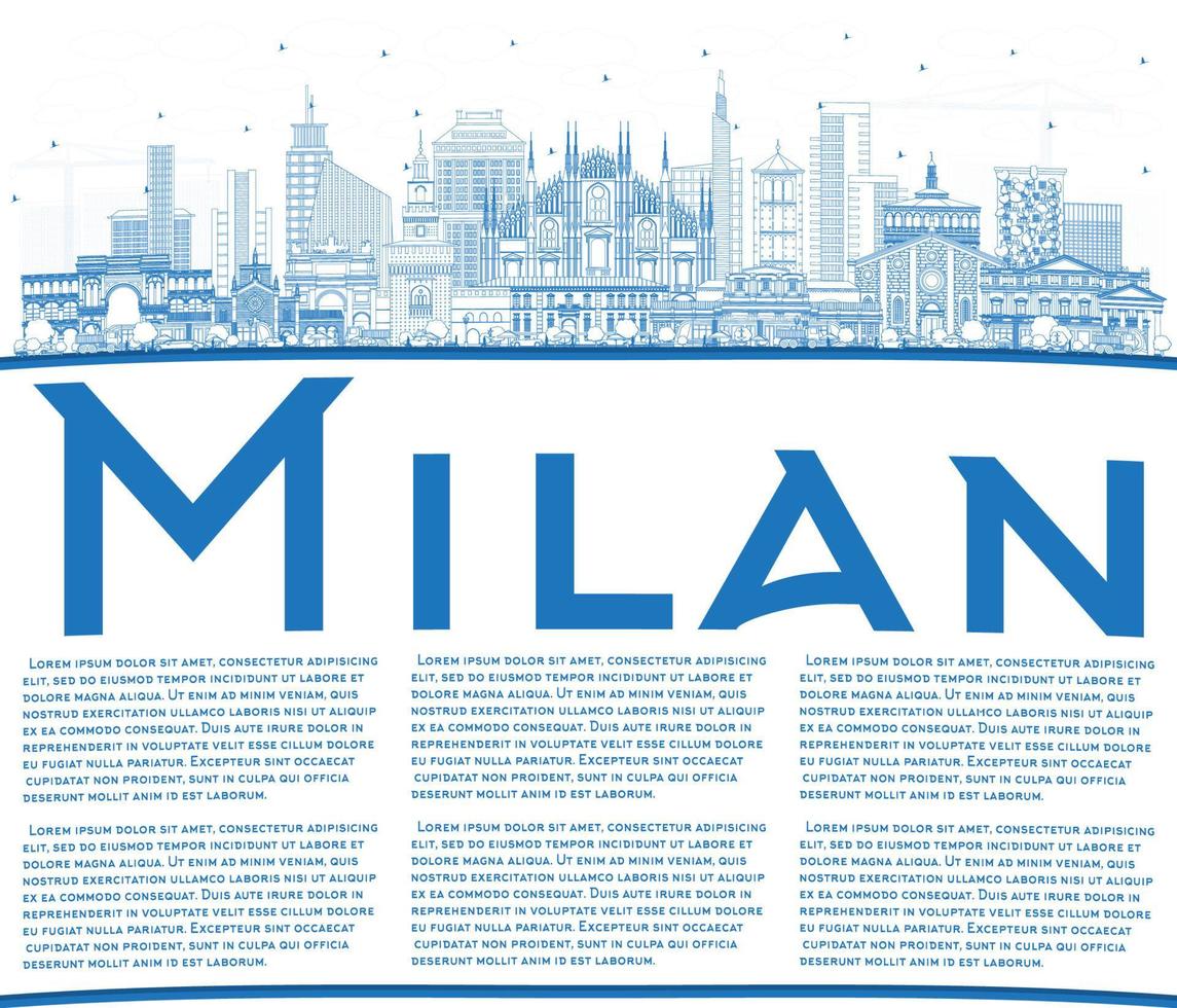 Outline Milan Italy City Skyline with Blue Buildings and Copy Space. vector