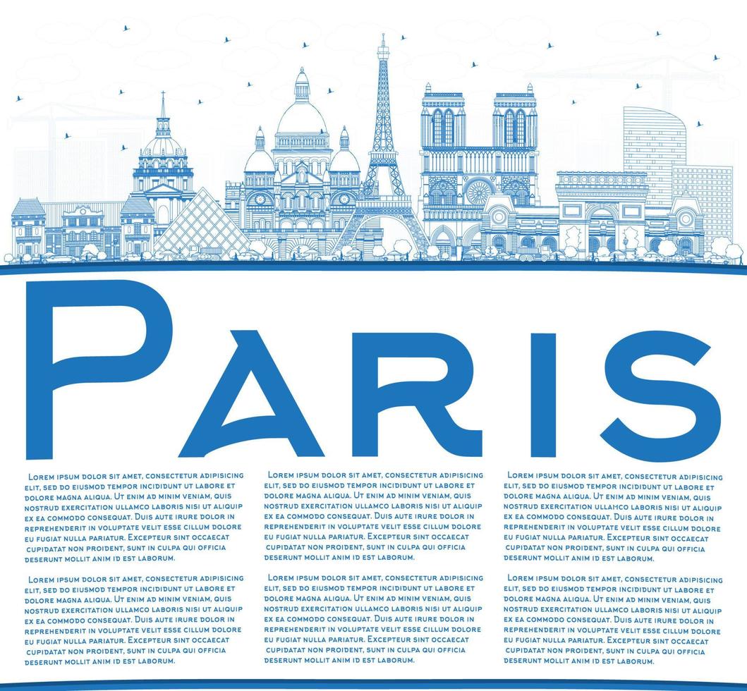 Outline Paris France City Skyline with Blue Buildings and Copy Space. vector