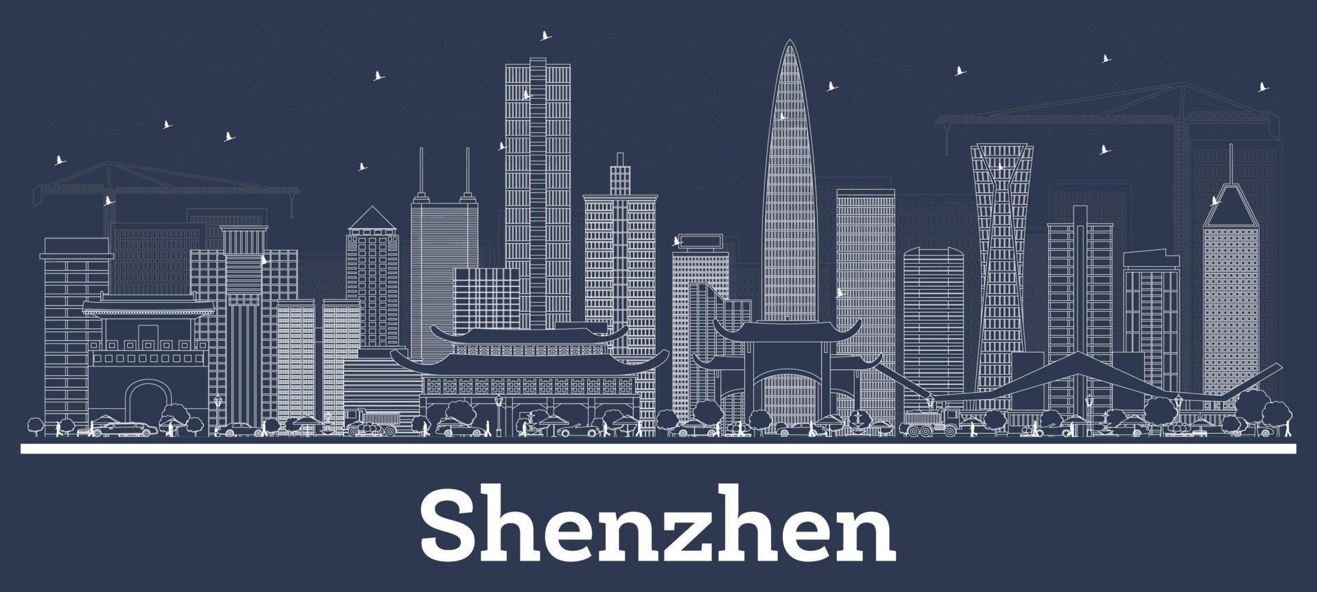 Outline Shenzhen China City Skyline with White Buildings. vector