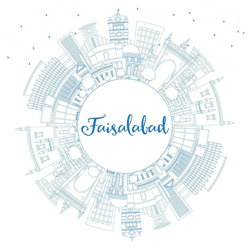 Outline Faisalabad Pakistan City Skyline with Blue Buildings and Copy Space. vector