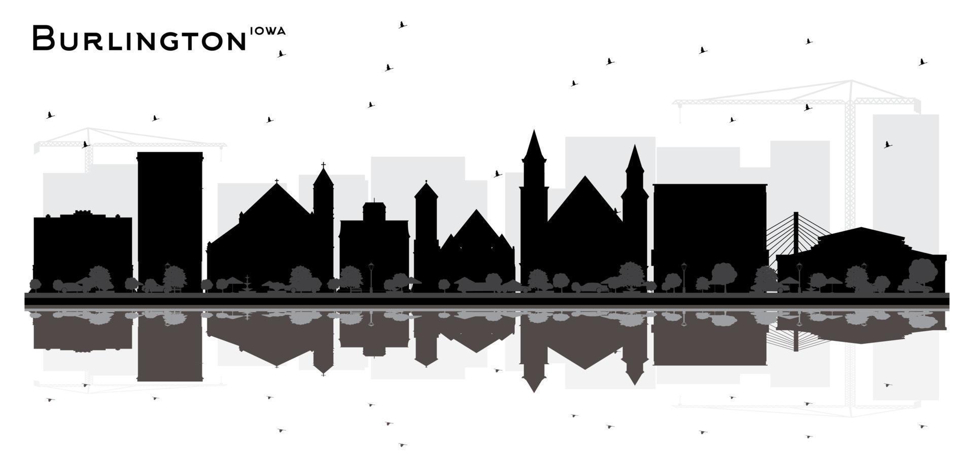 Burlington iowa city skyline silueta en blanco y negro con reflejos. vector