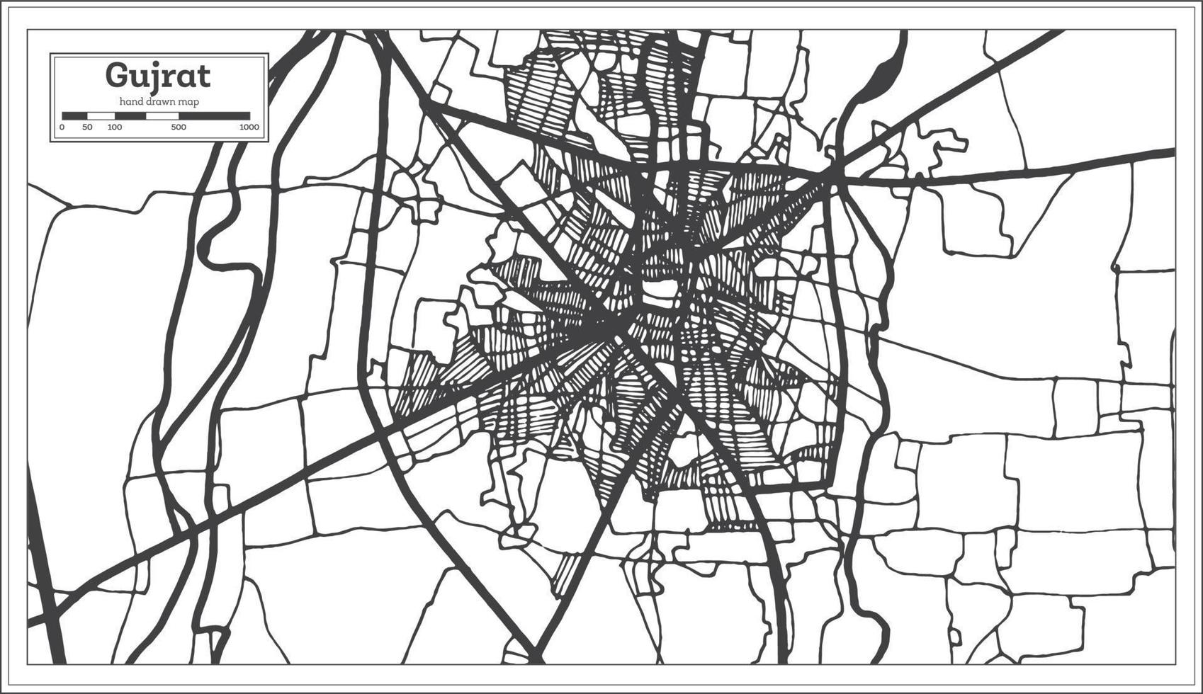 mapa de la ciudad de gujrat pakistán en estilo retro en color blanco y negro. esquema del mapa. vector