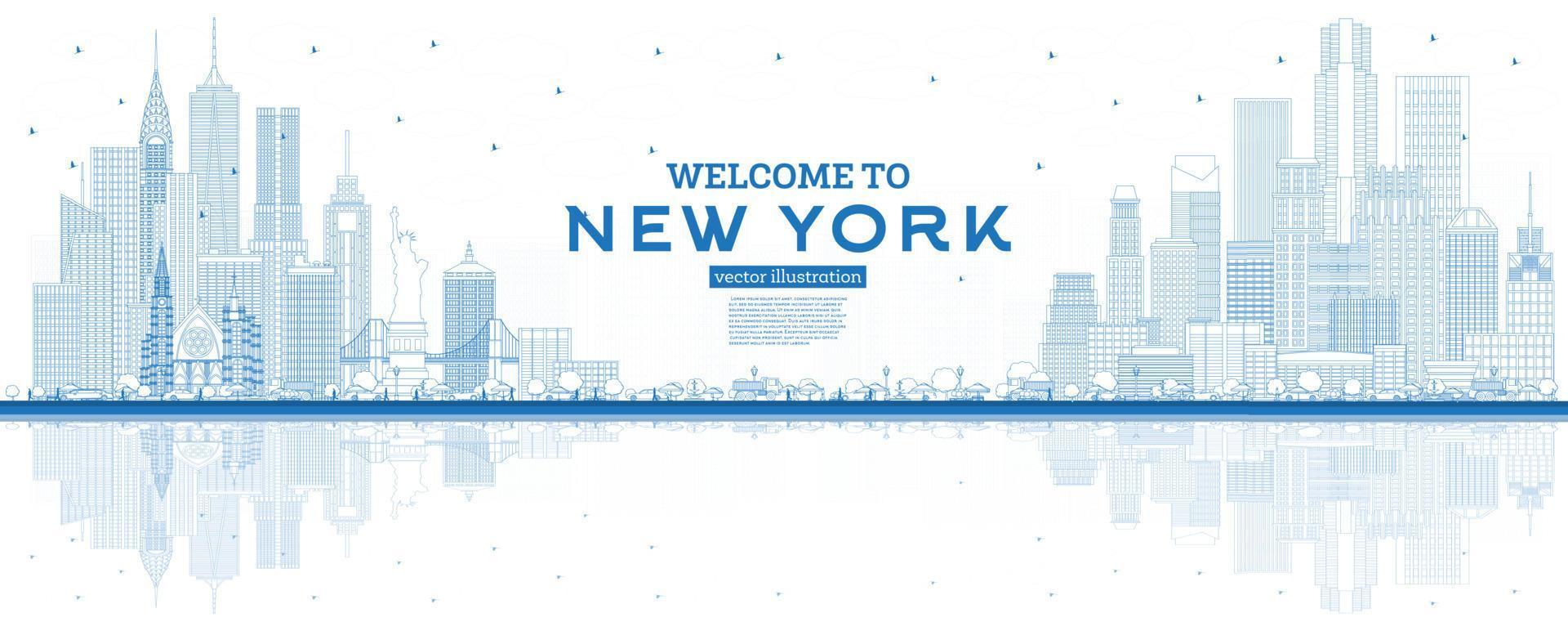 Outline Welcome to New York USA Skyline with Blue Buildings and Reflections. vector