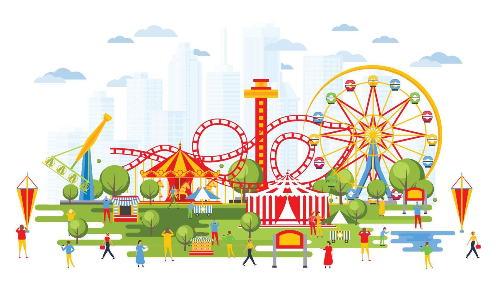 Amusement Park with Carousels in Cartoon Style. Urban Cityscape. vector