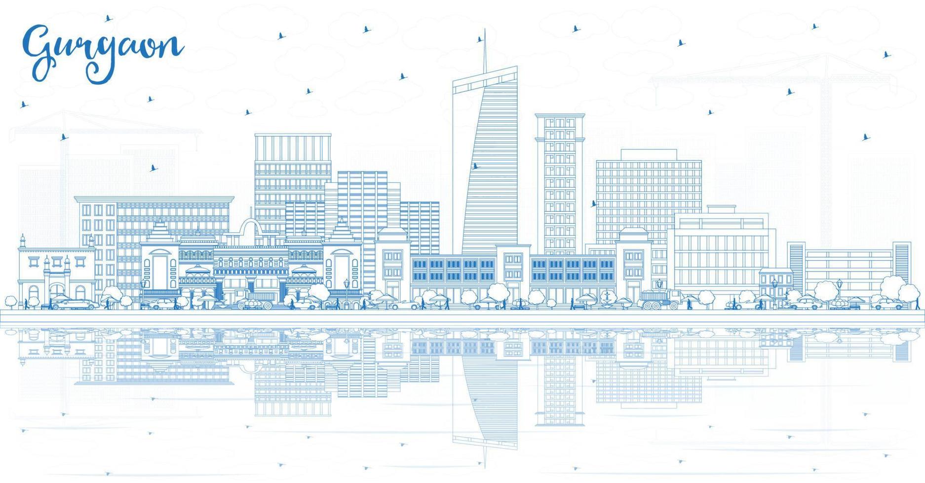 Outline Gurgaon India City Skyline with Blue Buildings and Reflections. vector