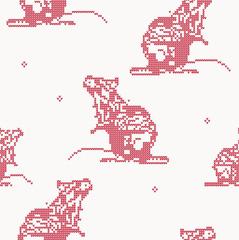 Rat - Knitted Seamless Pattern in Red Color. Symbol of 2020 on the Chinese Calendar. Christmas Concept for Wrapping Paper, Banner, Placard, Billboard or Web Site. vector