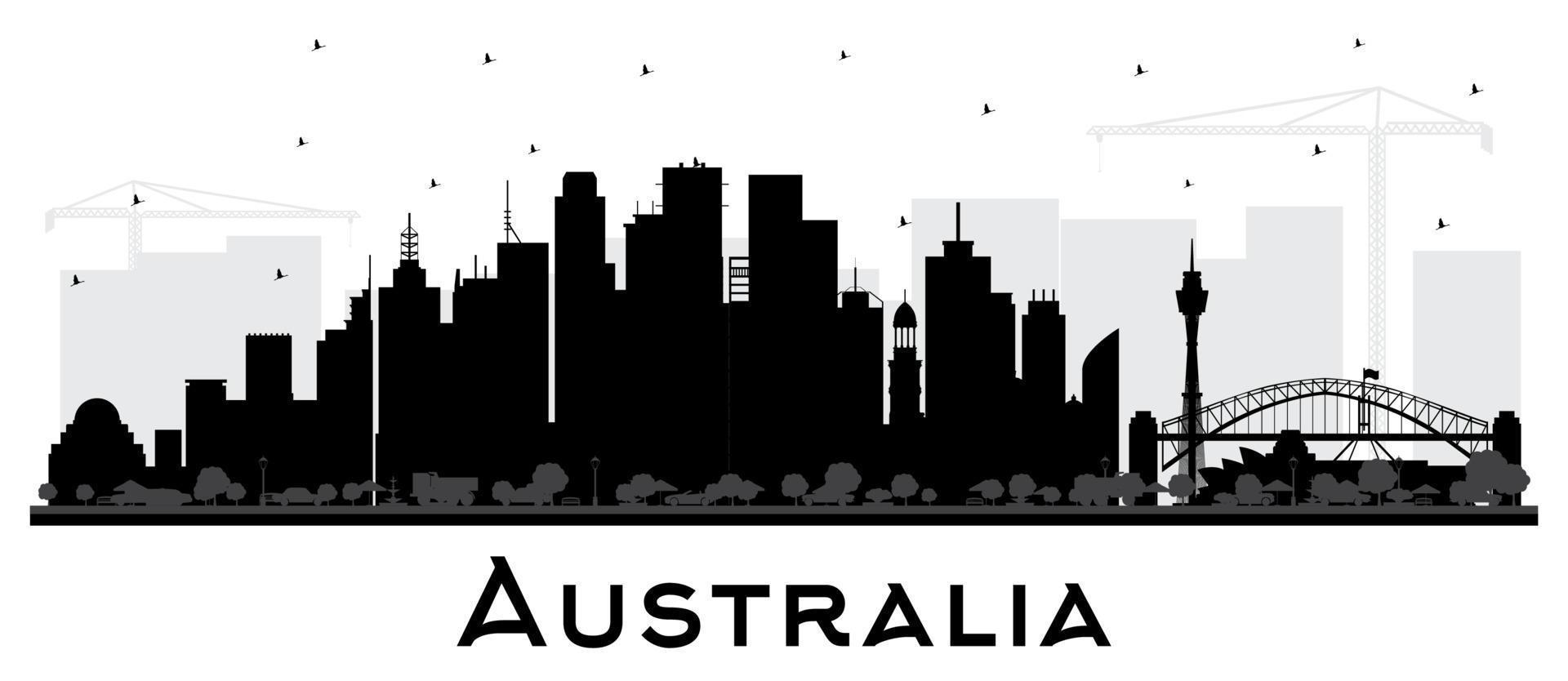 silueta del horizonte de la ciudad de australia con edificios negros aislados en blanco. vector