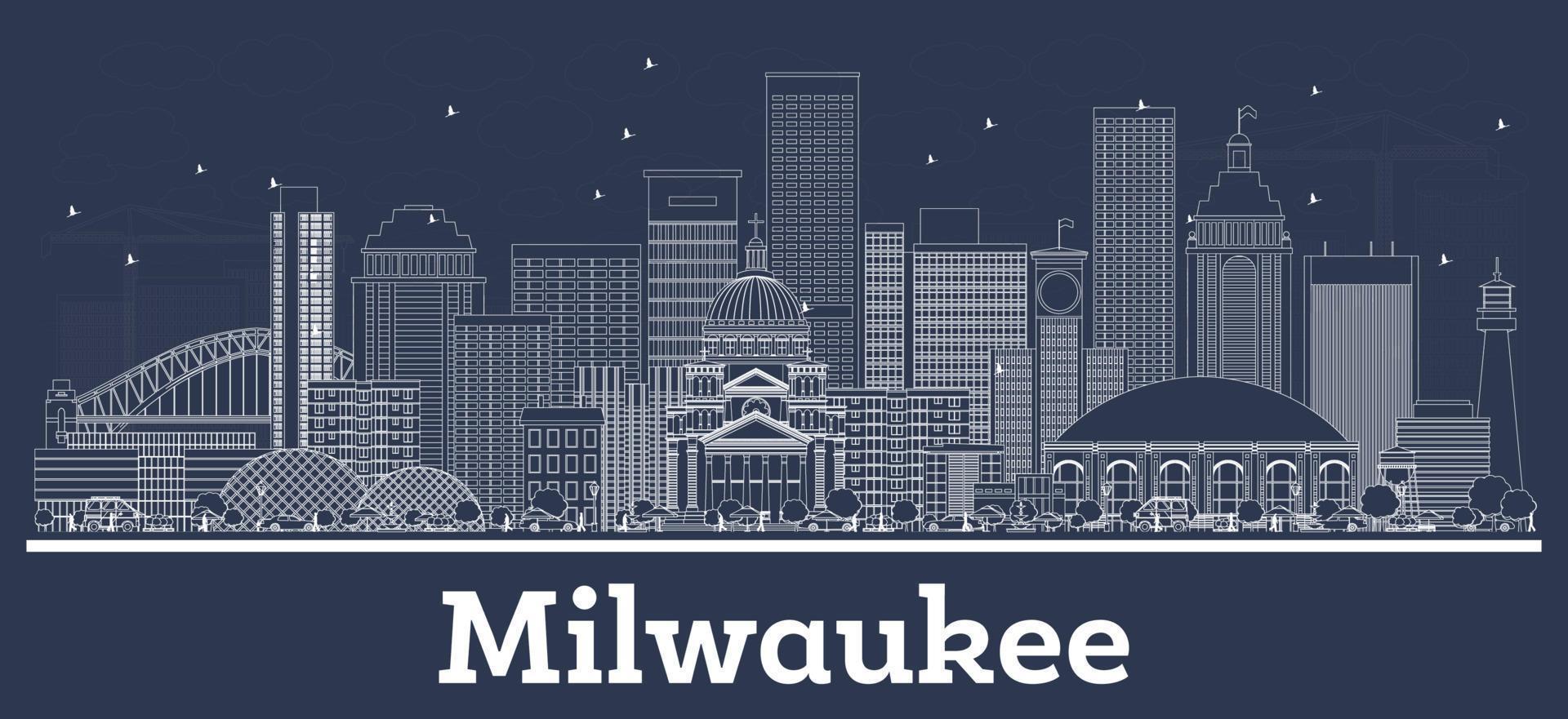 Outline Milwaukee Wisconsin City Skyline with White Buildings. vector