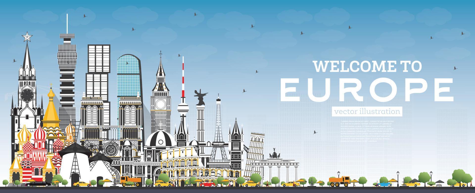 Welcome to Europe Skyline with Gray Buildings and Blue Sky. vector