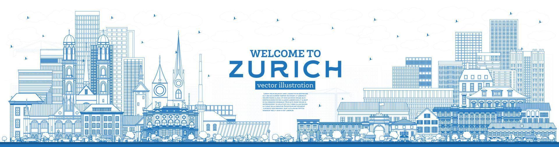 Outline Welcome to Zurich Switzerland Skyline with Blue Buildings. vector