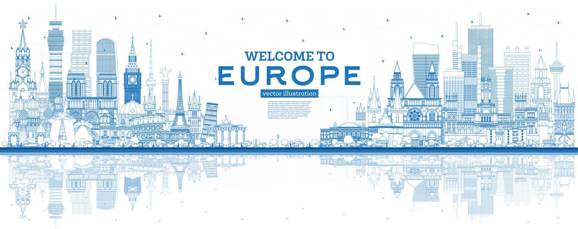 Outline Welcome to Europe Skyline with Blue Buildings. vector