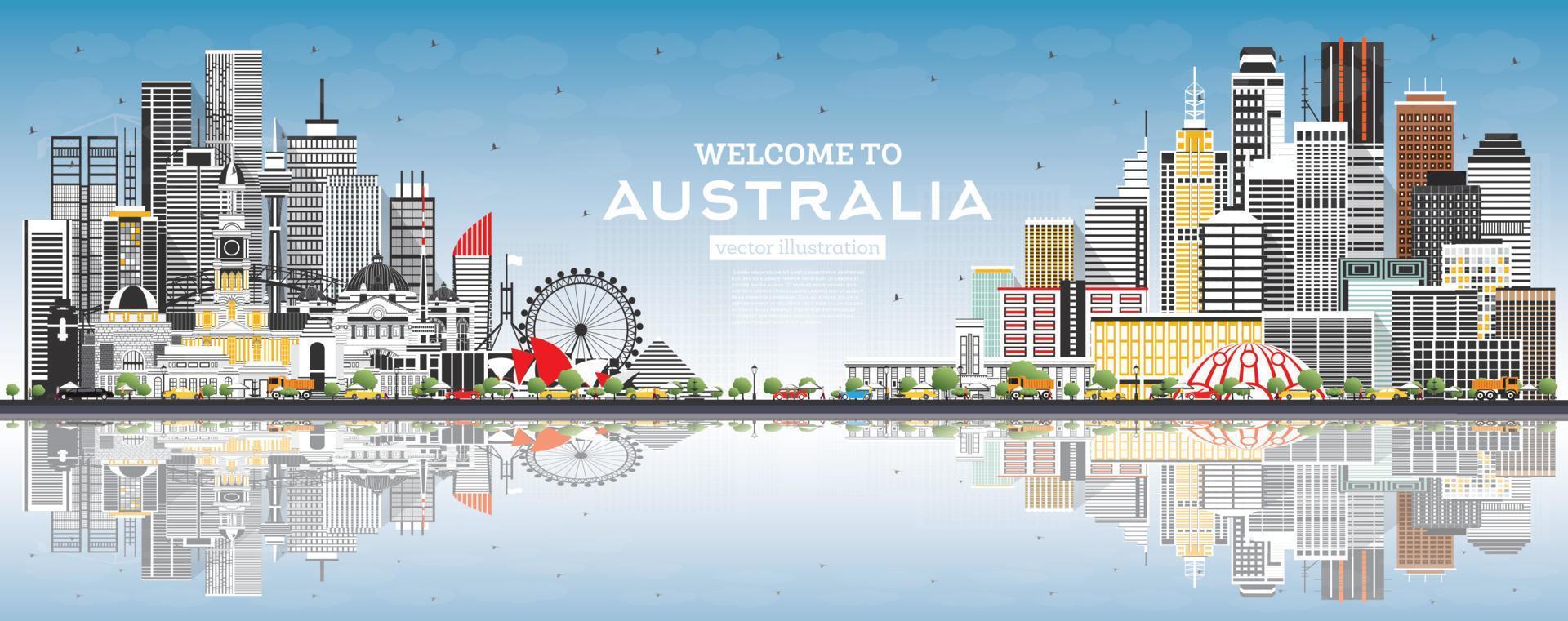 Welcome to Australia Skyline with Gray Buildings, Blue Sky and Reflections. vector