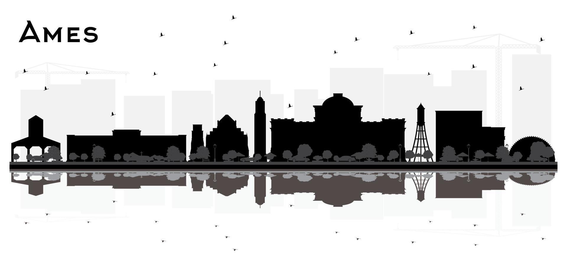 ames iowa skyline silueta en blanco y negro con reflejos. vector