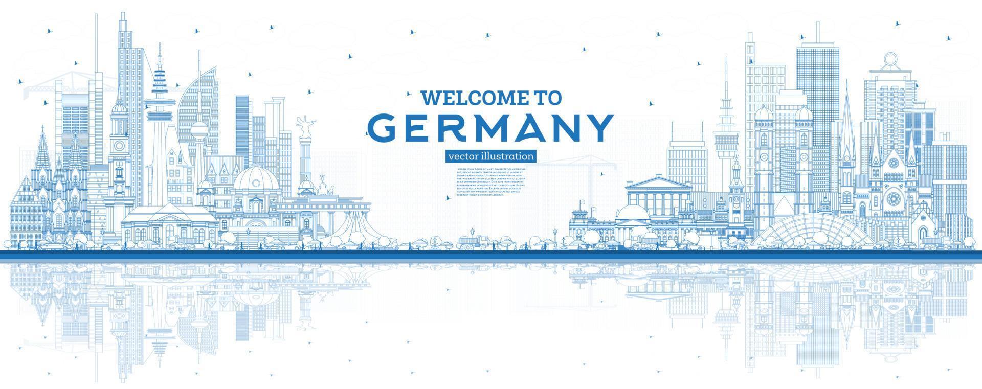 Outline Welcome to Germany Skyline with Blue Buildings and Reflections. vector