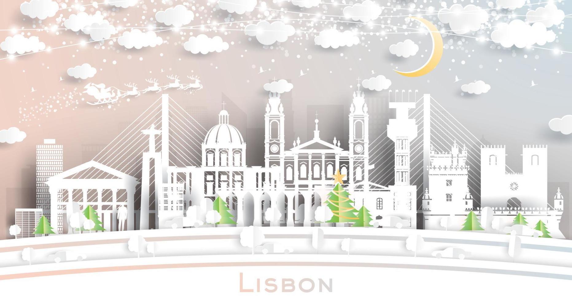 horizonte de la ciudad de lisboa portugal en estilo de corte de papel con copos de nieve, luna y guirnalda de neón. vector