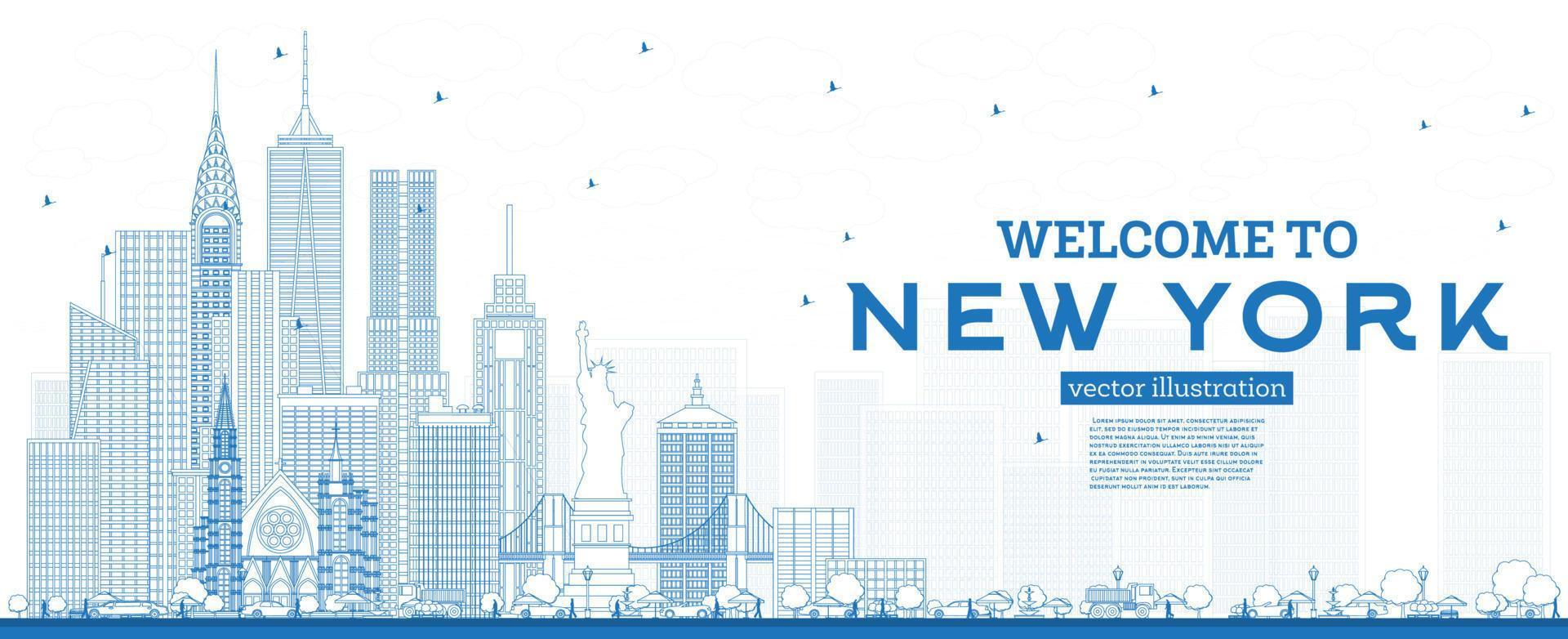 esquema bienvenido al horizonte de nueva york usa con edificios azules. vector