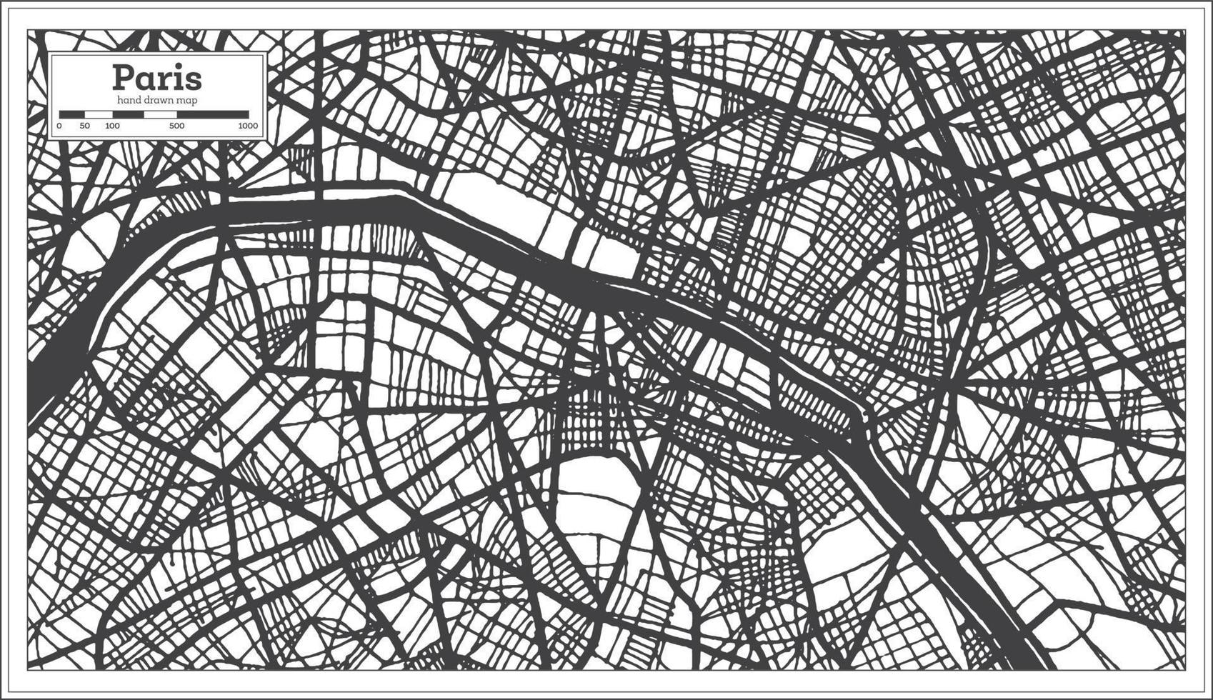 mapa de la ciudad de parís francia en estilo retro en color blanco y negro. esquema del mapa. vector