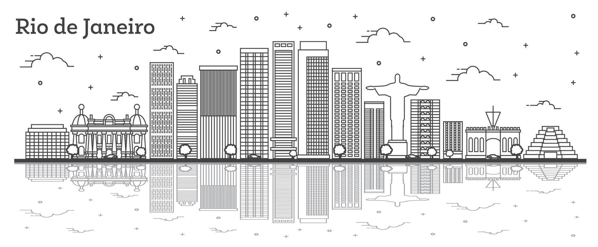 Outline Rio de Janeiro Brazil City Skyline with Modern Buildings and Reflections Isolated on White. vector