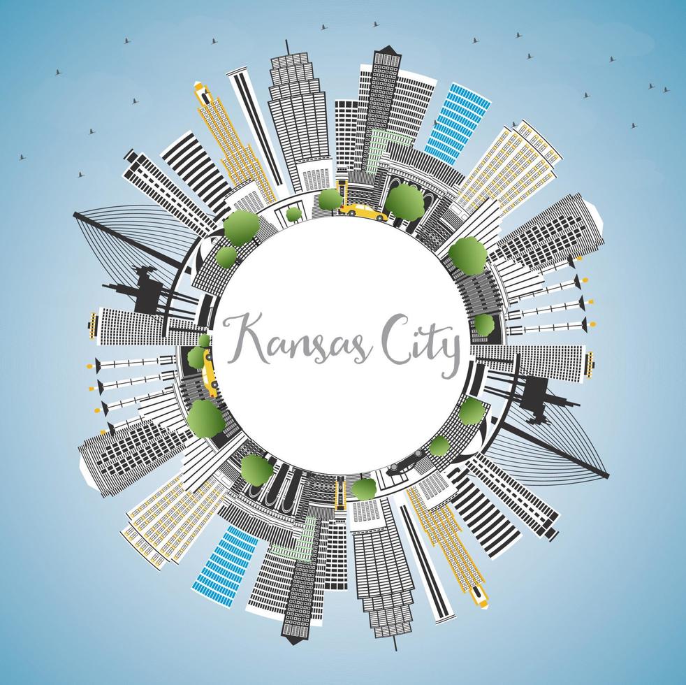 Kansas City Missouri Skyline with Color Buildings, Blue Sky and Copy Space. vector