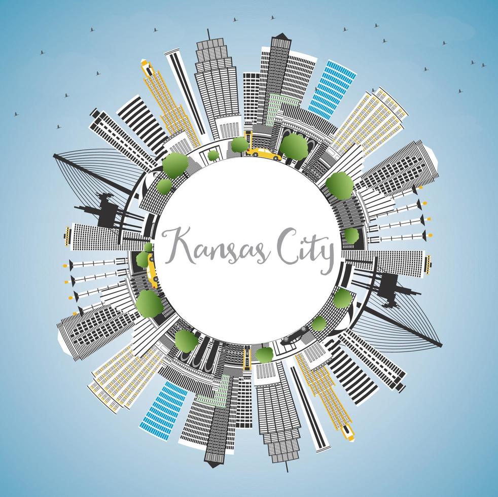 Kansas City Missouri Skyline with Color Buildings, Blue Sky and Copy Space. vector