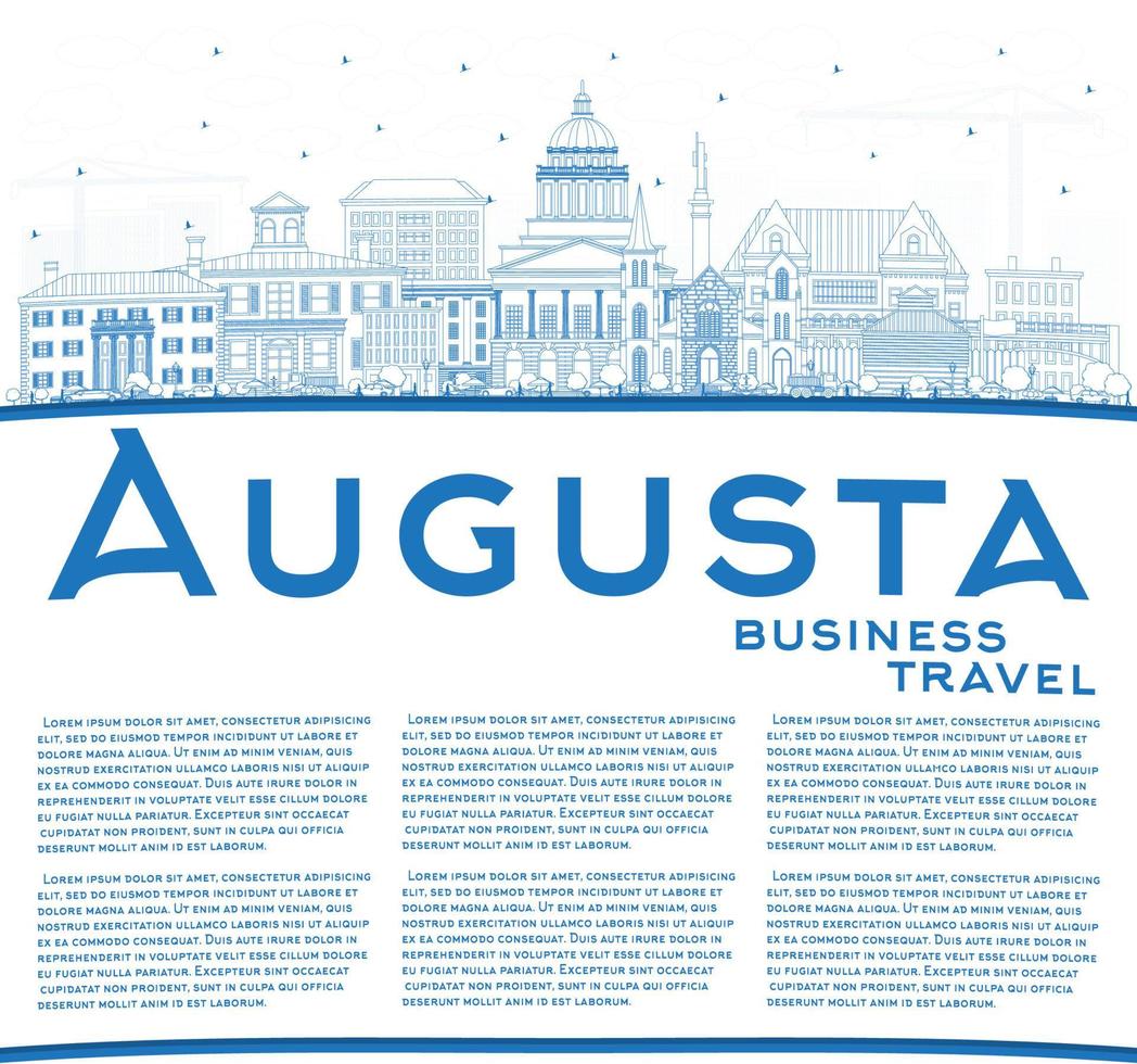 Outline Augusta Maine City Skyline with Blue Buildings and Copy Space. vector