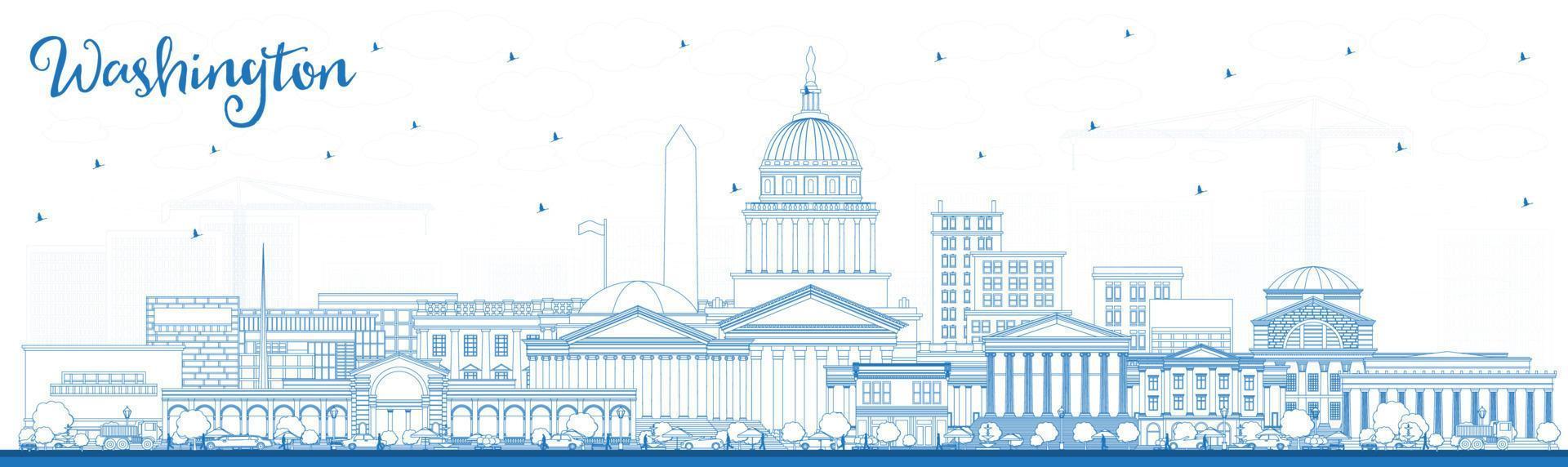 Outline Washington DC USA City Skyline with Blue Buildings. vector