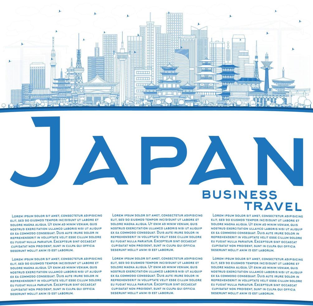 Outline Welcome to Japan Skyline with Blue Buildings and Copy Space. vector