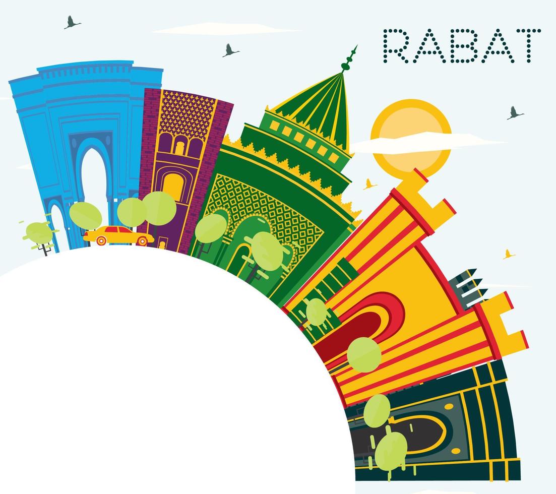 Rabat Morocco Skyline with Color Buildings, Blue Sky and Copy Space. vector