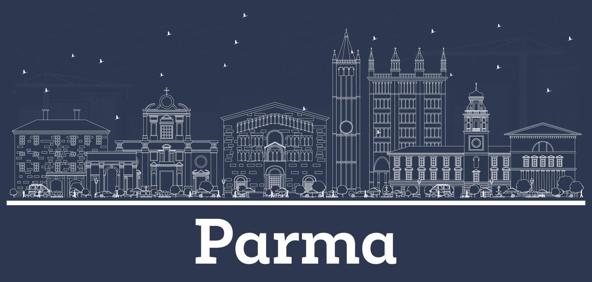 delinear el horizonte de la ciudad de parma italia con edificios blancos. vector