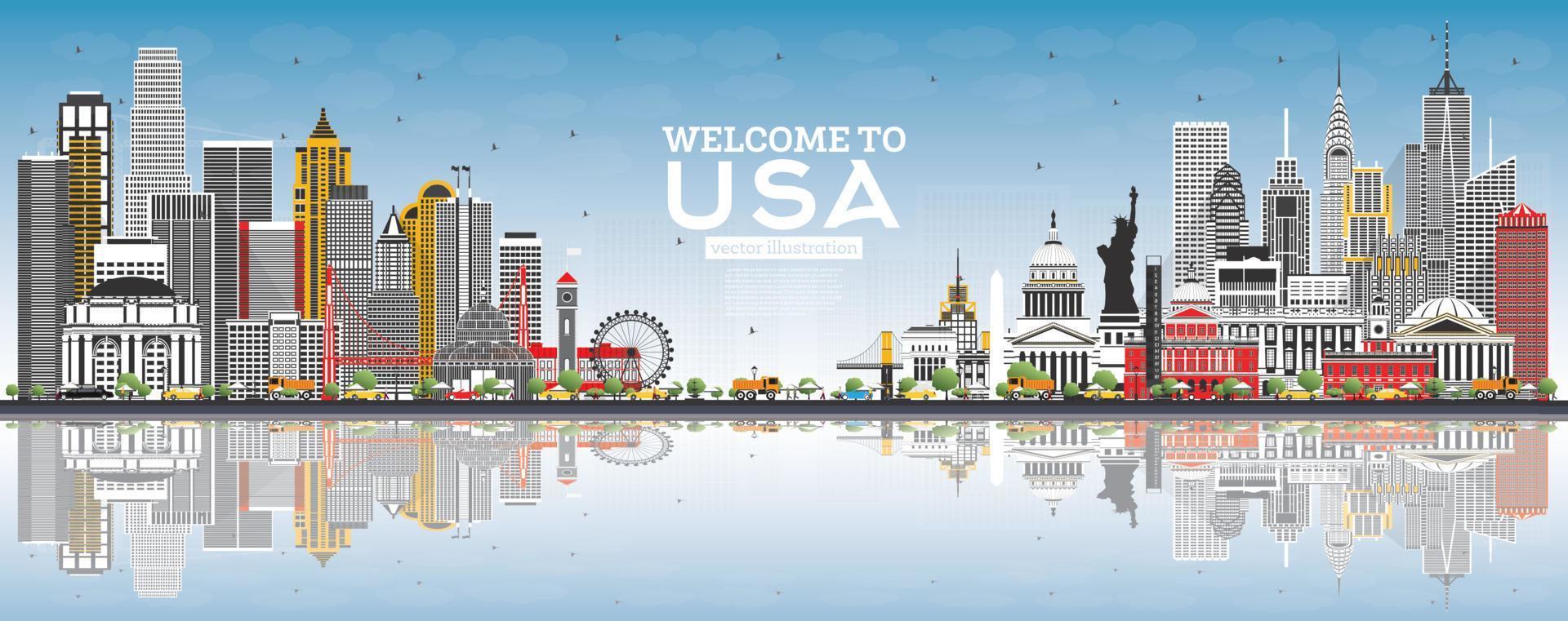 Welcome to USA Skyline with Gray Buildings, Blue Sky and Reflections. vector