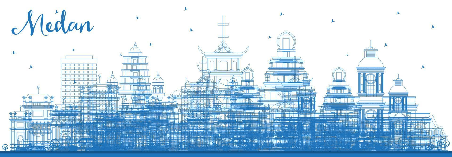 Outline Medan Indonesia City Skyline with Blue Buildings. vector