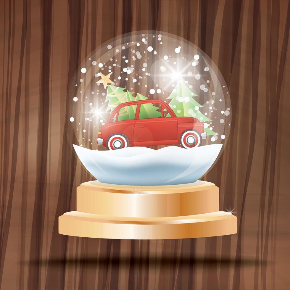 Christmas Crystal Ball with Snow and Red Car Carrying Fir Tree on Wooden Background. vector