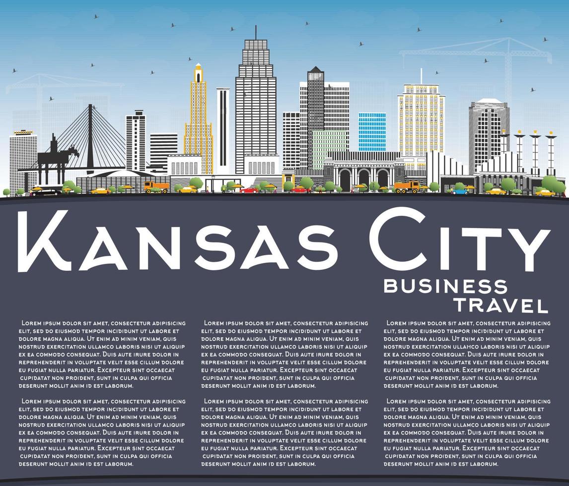 Kansas City Missouri Skyline with Color Buildings, Blue Sky and Copy Space. vector