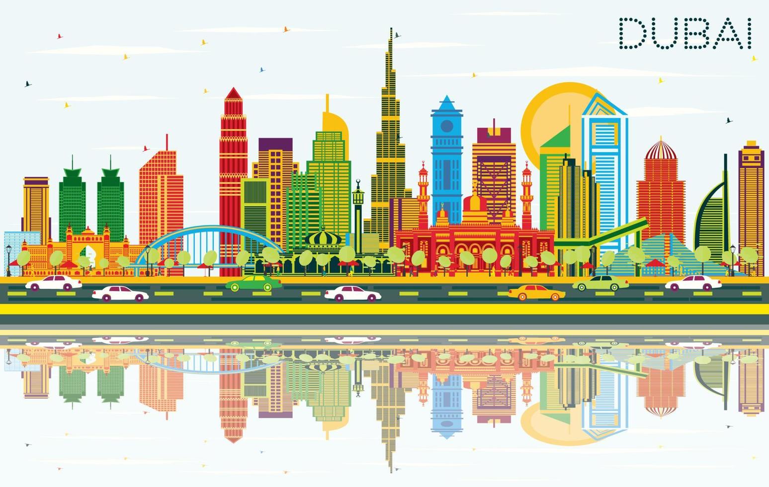 Dubai UAE City Skyline with Color Buildings, Blue Sky and Reflections. vector