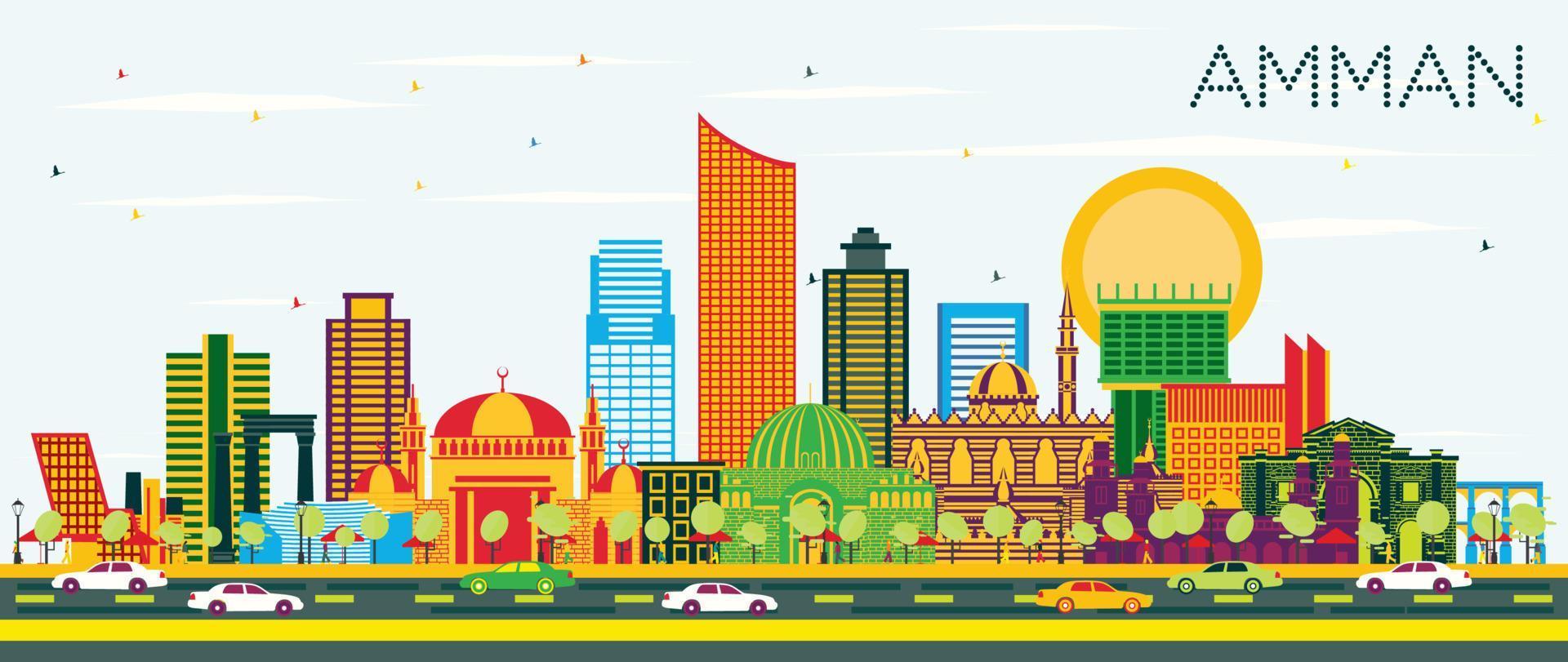 Amman Jordan Skyline with Color Buildings and Blue Sky. vector